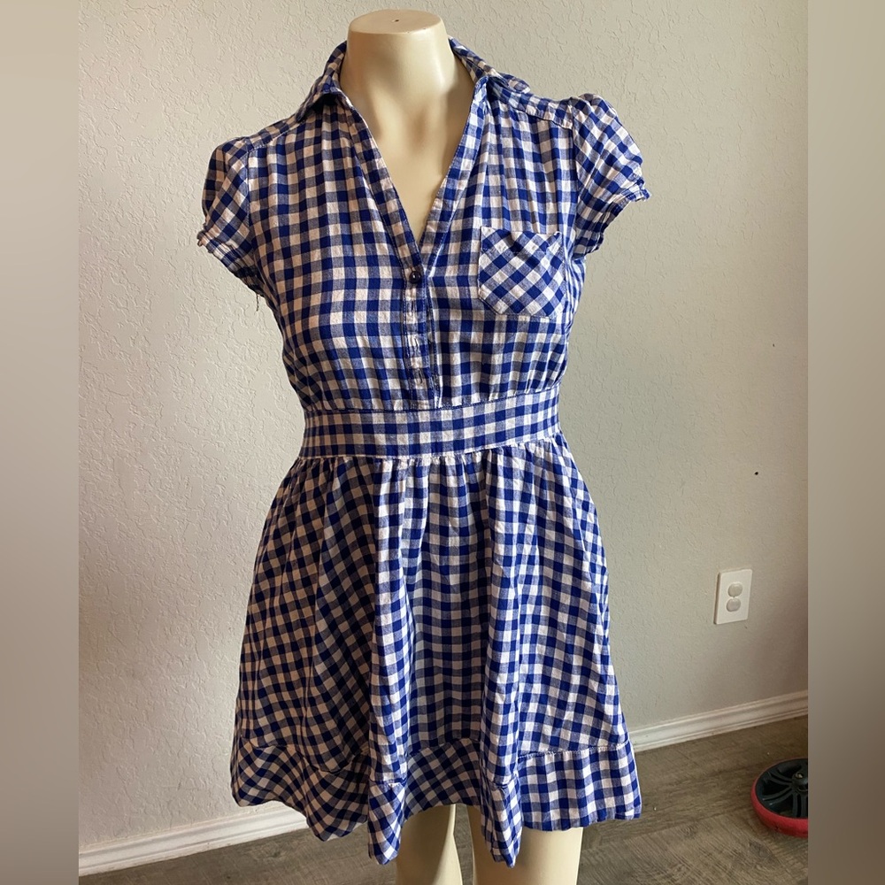 Womens Gingham Blue White Dress size large picnic campfire timeless classic
